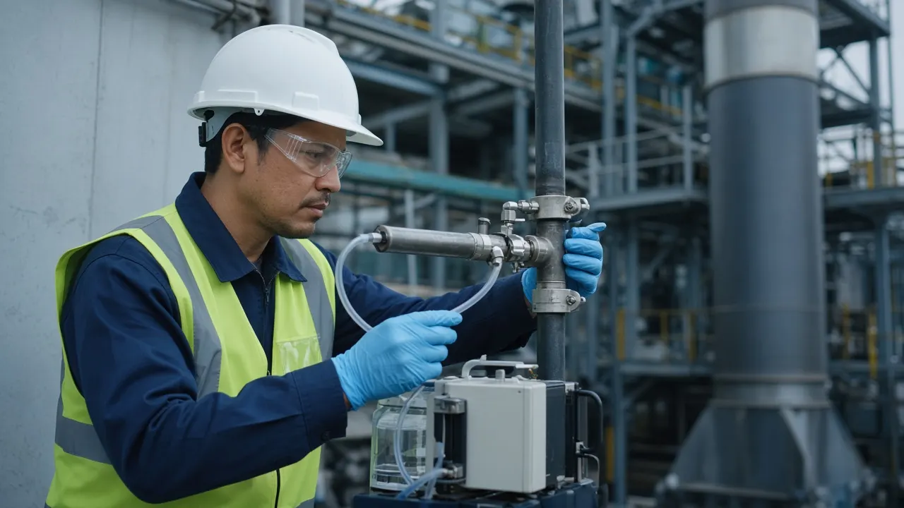 Técnico con equipo de protección tomando una muestra en planta industrial (imagen conceptual)