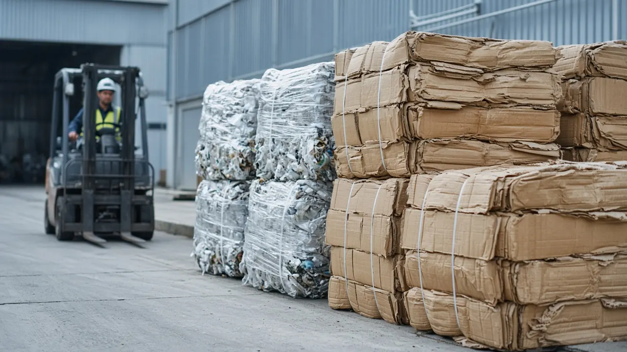 Pacas de cartón y plástico listas para reciclaje (imagen conceptual)