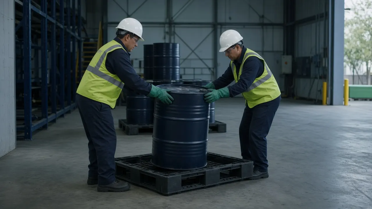 Personal con equipo de protección manejando contenedores de residuos industriales (imagen conceptual)